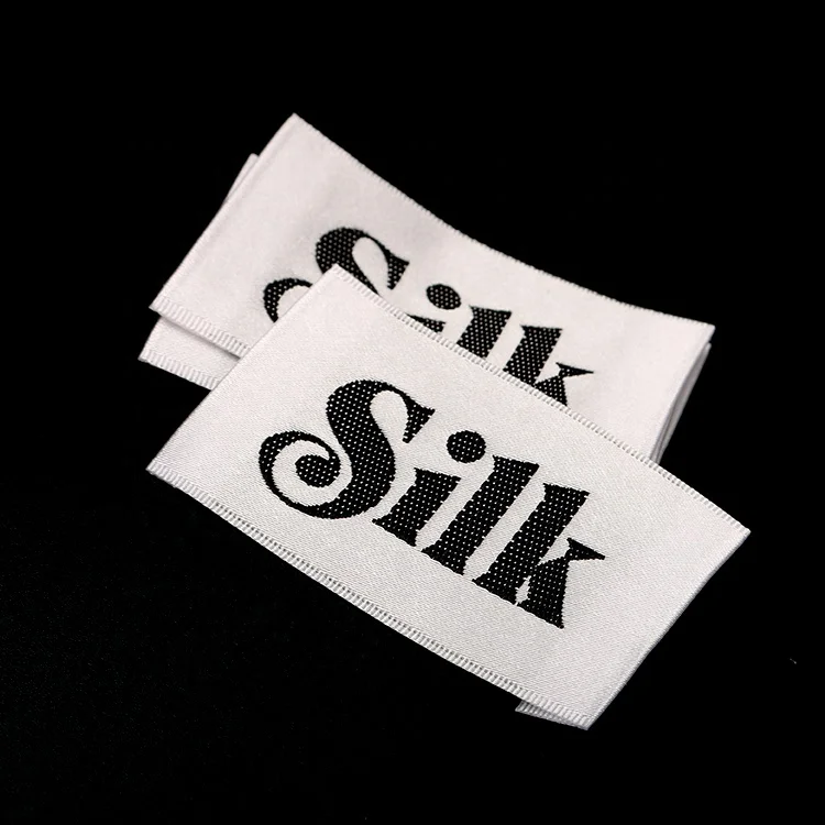 OEM Design Custom End Folding Textile Shiny Satin Woven Coats Tag Labels with Weaving Brand Logo