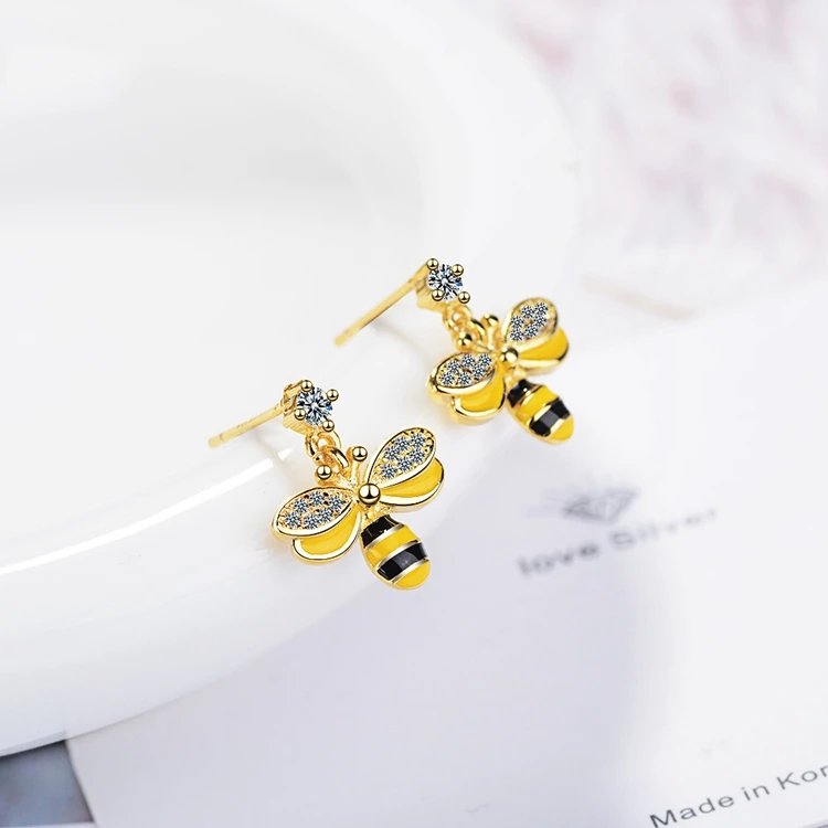 JER-194012 Gold Plated Pave Zirconia Stones Enamel Bee Shaped Brass Stud Earrings for Wholesale