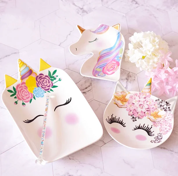 Unicorn eco friendly kids dinner set big glazed ceramic dinner set Cartoon porcelain dinner set