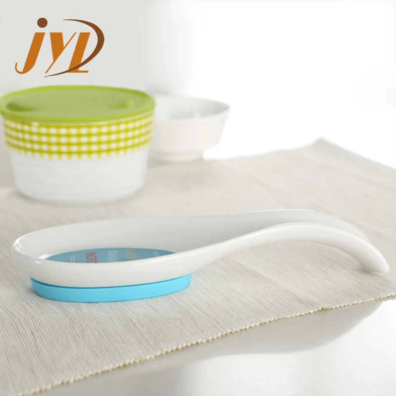 China factory custom super white porcelain printed decal ceramic BBQ dish spoon rest holder in bulk with long handle