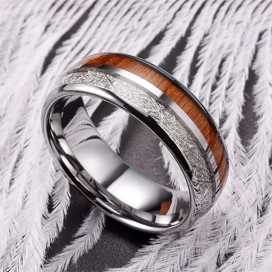 ring men 8mm meteorite and koa wooden inlay Tungsten Carbide jewelry Comfort fit mens Ring