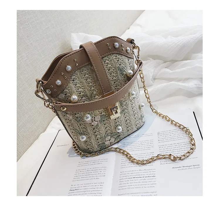 Pearl Lace Flower Handwoven Rattan Weave Summer Straw Clutch Shoulder Bags Women Handbags Beach Bag Tote Bag