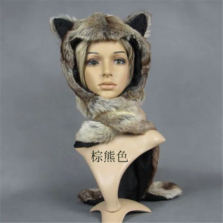 Fur Hood Hat with Ears Handmade Sewed faux plush scarf hat