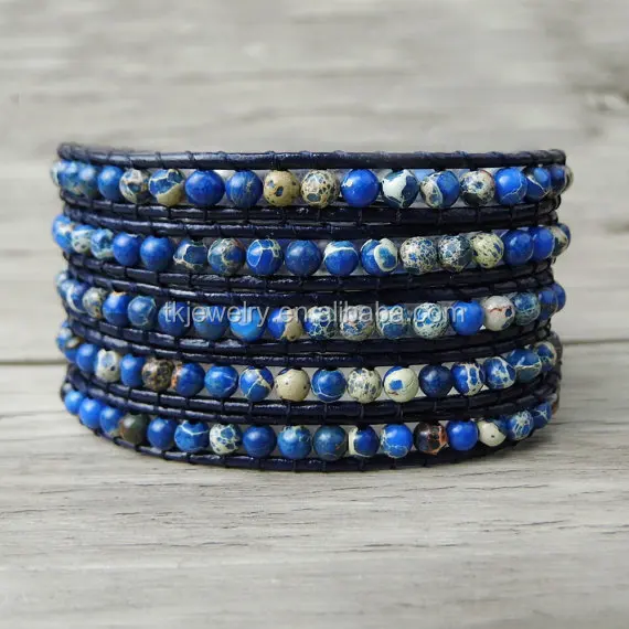 New Design Gemstone Wrap Bracelet Blue jasper beads Multi layer Leather Bracelet