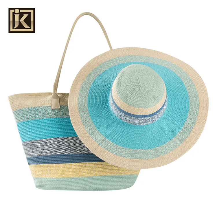 JAKIJAYI Factory price bohemia rainbow colorful hat stripe paper straw beach bag set for women