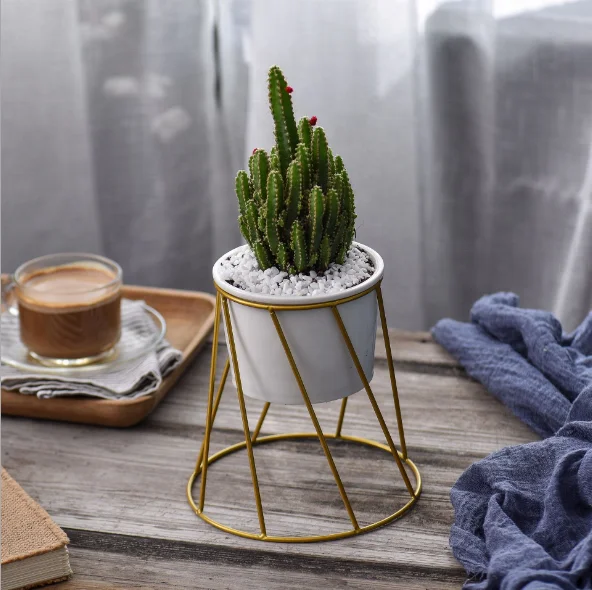 
Northern Europe style iron stand white ceramic succulents pot flower pot 