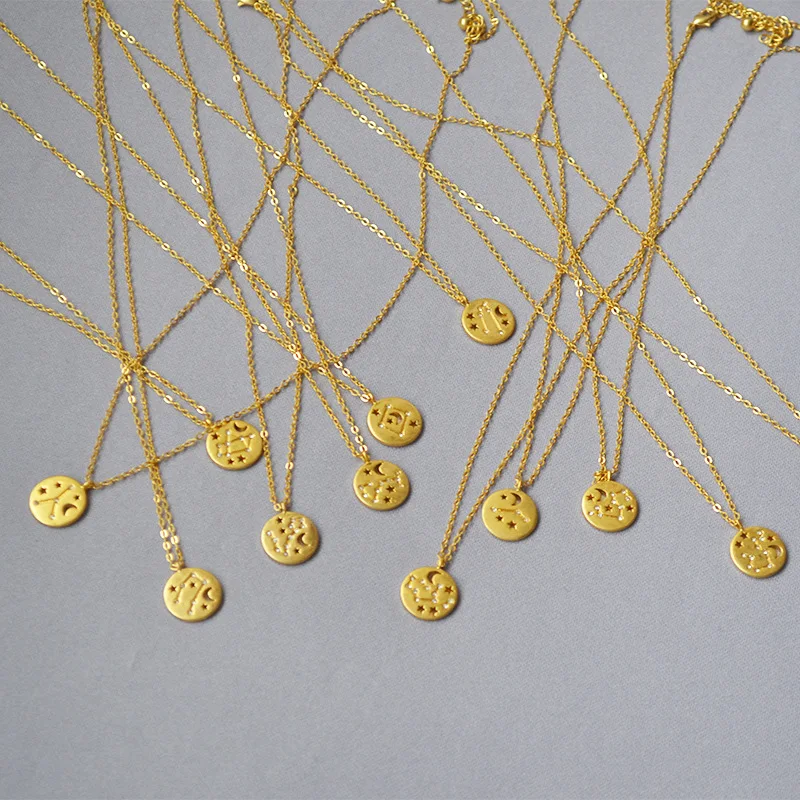 dainty zodiac brass necklace 24k gold plated pendant necklace gold filled  chain coin jewelry necklace