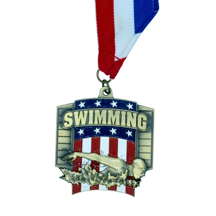 3D Custom Sport Award Antique Swimming Medal with Lanyard