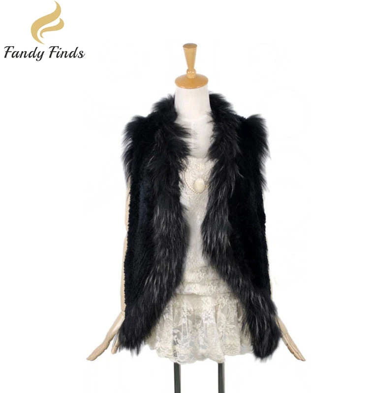 High Quality Natural Knitted Rabbit Fur Vest with Raccoon Fur Vest Cardigan