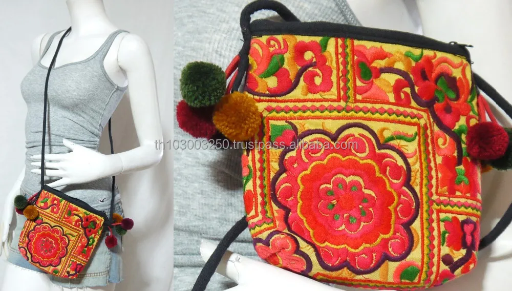 VTG HIPPIE BOHO Thai Pom Pom Handmade Embroidery Yamm Pouch hmong Hill Tribe Bag Small String Bag Messenger Crossbody U