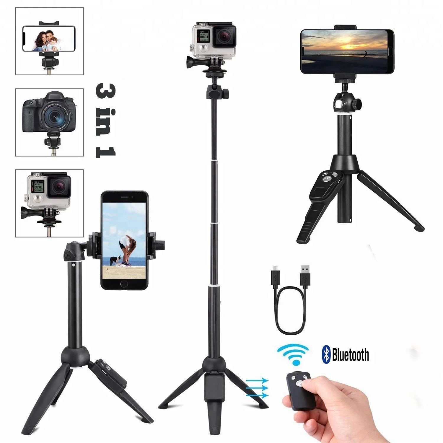 Portable 100cm Universal Selfie Stick Tripod with Wireless Remote, Extendable Mini   Handheld Monopod 360 degree Live