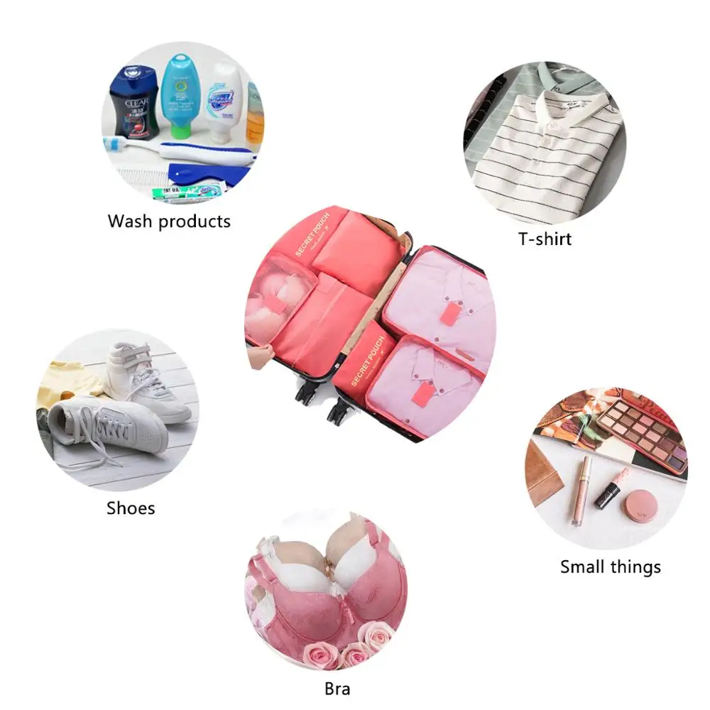 7 комплектов розовых сумок для хранения одежды, дорожный Органайзер, мешочки, компрессионная упаковка, дорожная сумка