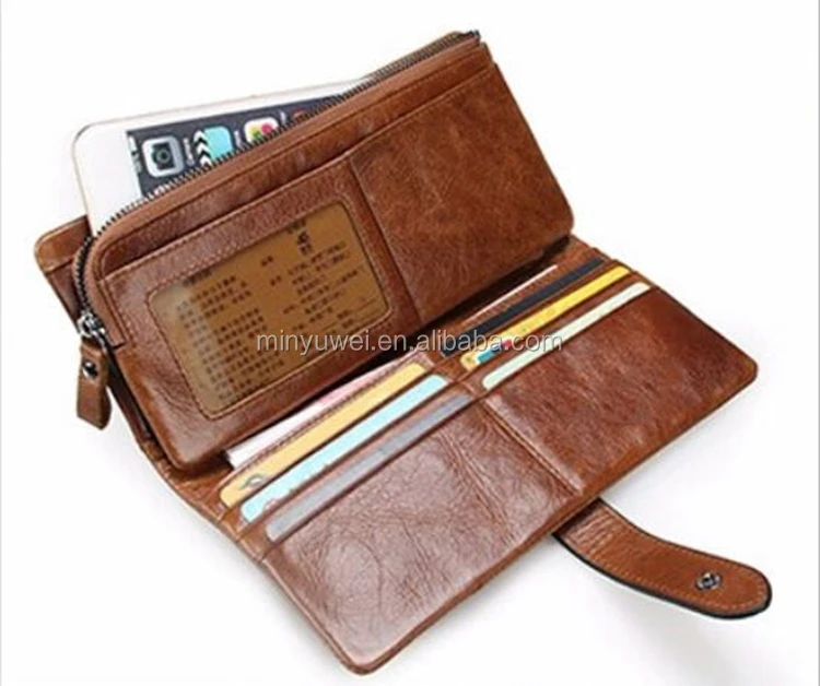 dark brown oil wax leather men security wallet with SD card holder