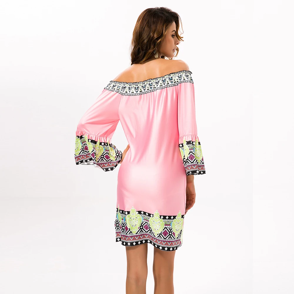 
womens dresses 2019 summer hot sale of European and American slashed neckline 13-color floral printed pink fashion beach dress 