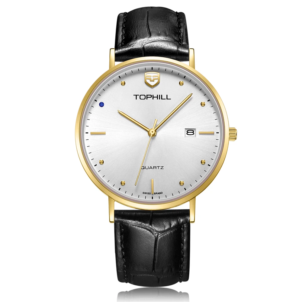 Minimalist Stainless Steel Case Back Genuine Leather Band Slim Stone Quartz Wrist Watch Japan