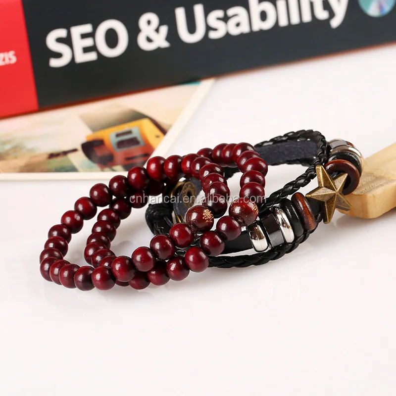 Retro Multilayer Woven Wrap Genuine Leather Bracelet Wooden Beads Star Bangle for Women Vintage Wristband Jewelry Accessories