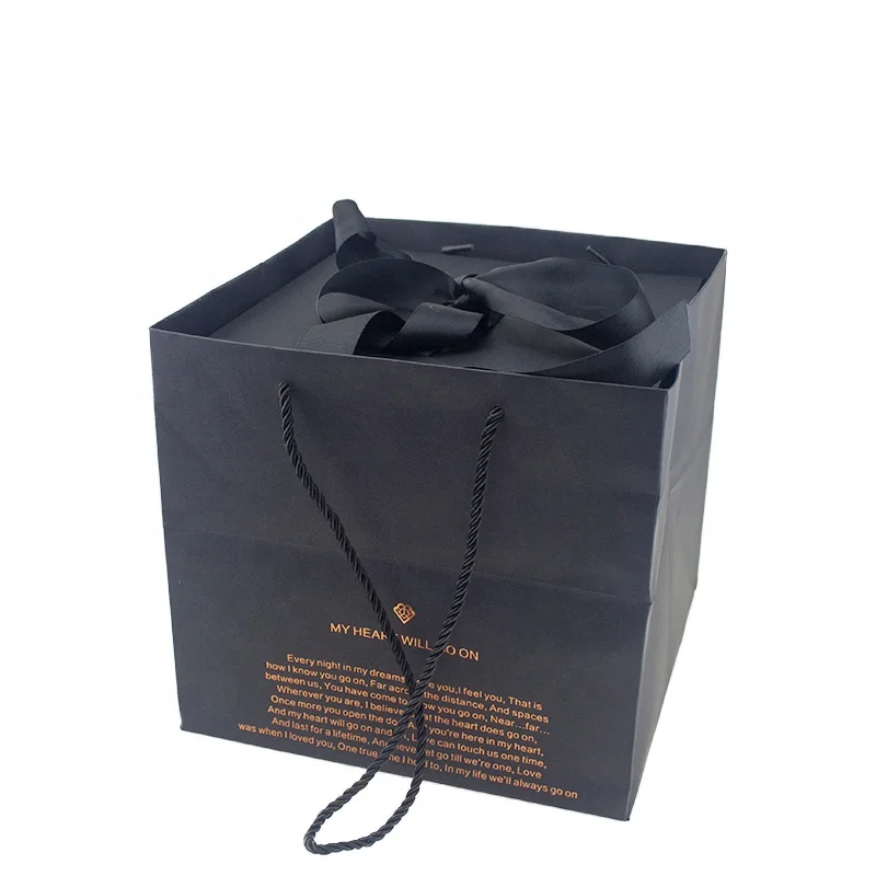 
FSC Special Design Custom Print Hot Stamping Logo Flower Packaging Ribbon Closure Black Gift Box with Paper Handbag 