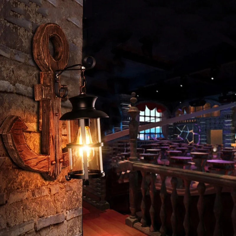 Fancy Vintage Rural Industrial Wooden LED Wall lamp Anchor Shaped Light For Bar Decoration