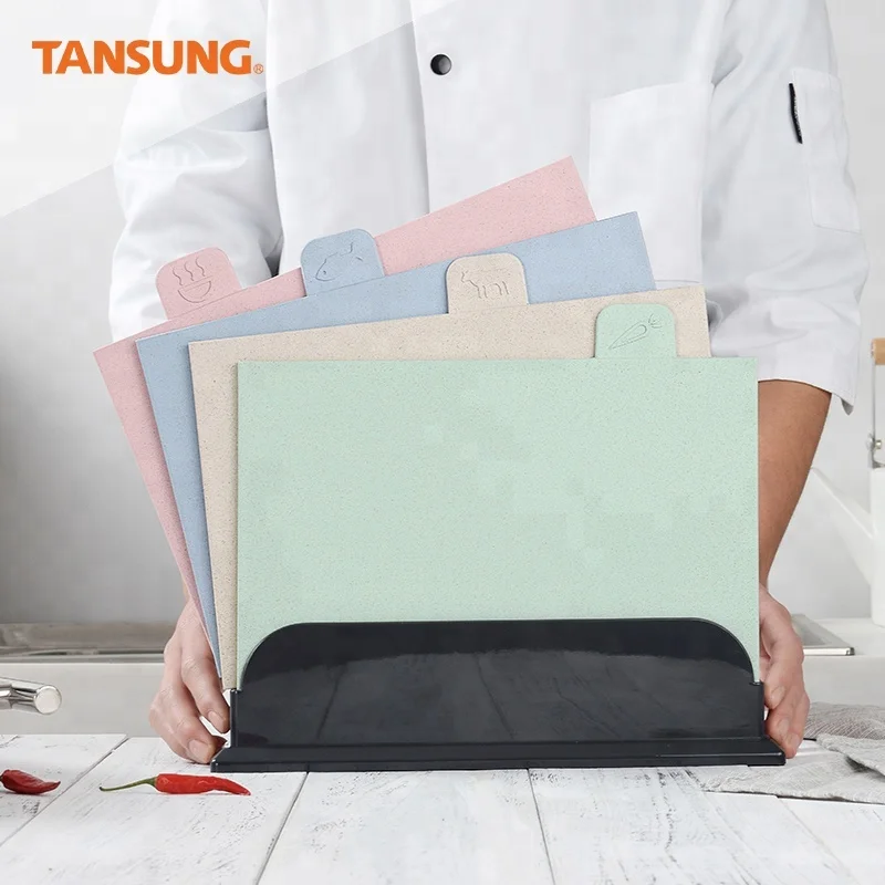 Custom Eco 4 Pcs Multi Function Kitchen Plastic Wheat Straw Meat Vegetable Chopping Cutting Board Set with Stand