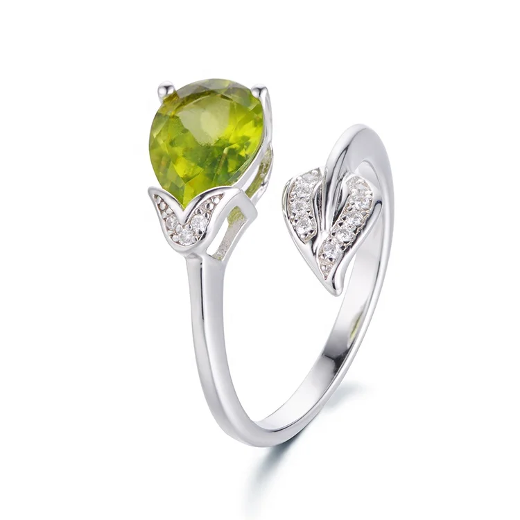 wholesale peridot jewelry natural gems green stone ring 925 sterling silver adjustable ring for women