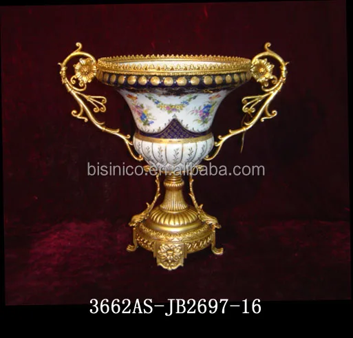 
Floral Design Ceramic Fruit Bowl with Gilt Copper Mounted and Base 