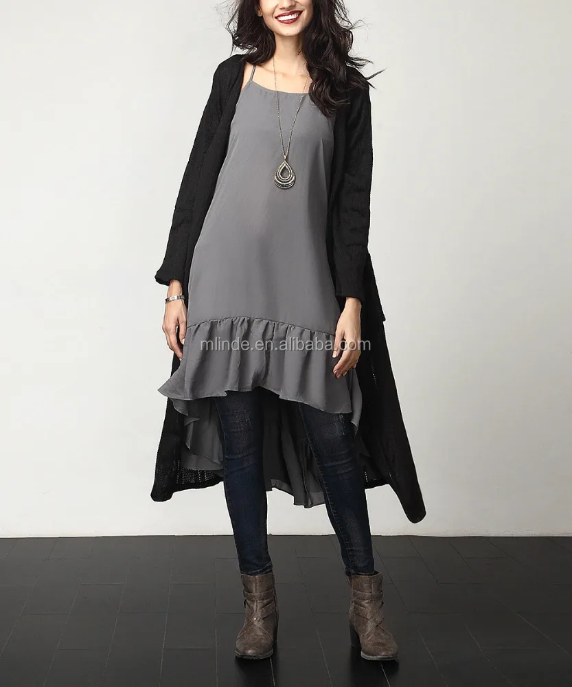 
CUSTOM Sexy Strappy Latest Korean Designs Women Gray Chiffon Ruffle-Hem Hi-Low Midi Dress for Women Party Wearing Clothing 