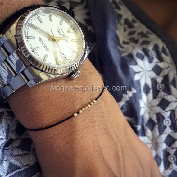 14K Solid Gold Seven Wish Friendship Bracelet Silk Cord Beaded Bracelet