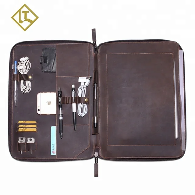 
Fits A4 file documents travel vintage leather briefcase business men zipper organizer leather portfolio file folder 