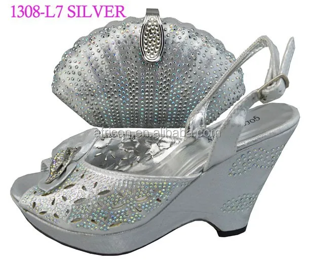 1308-L7 silver shoes matching bag lady wedge shoes and bag set latest design matching shoes with nice bag