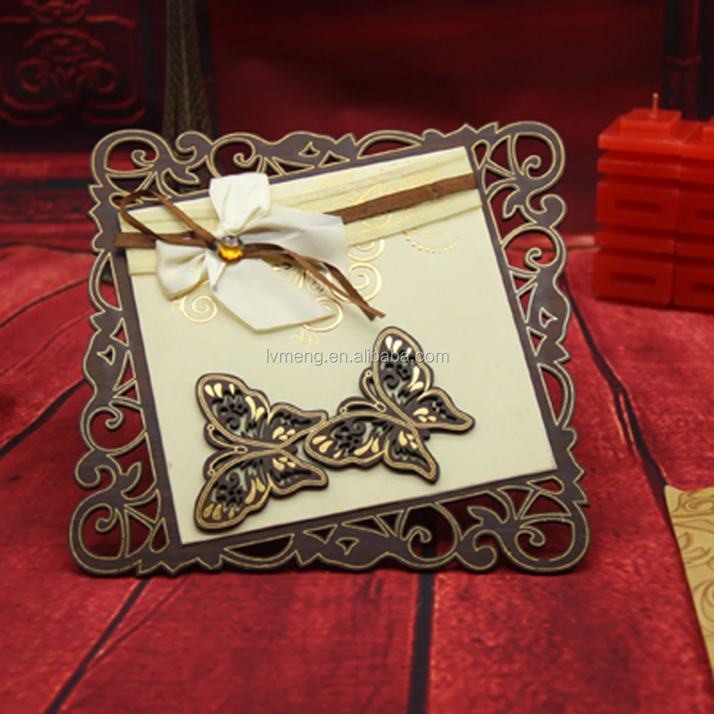 
2016 arabic buautiful Ribbon&butterfly laser cut wooden wedding card/High quality gold stamping invitation card 
