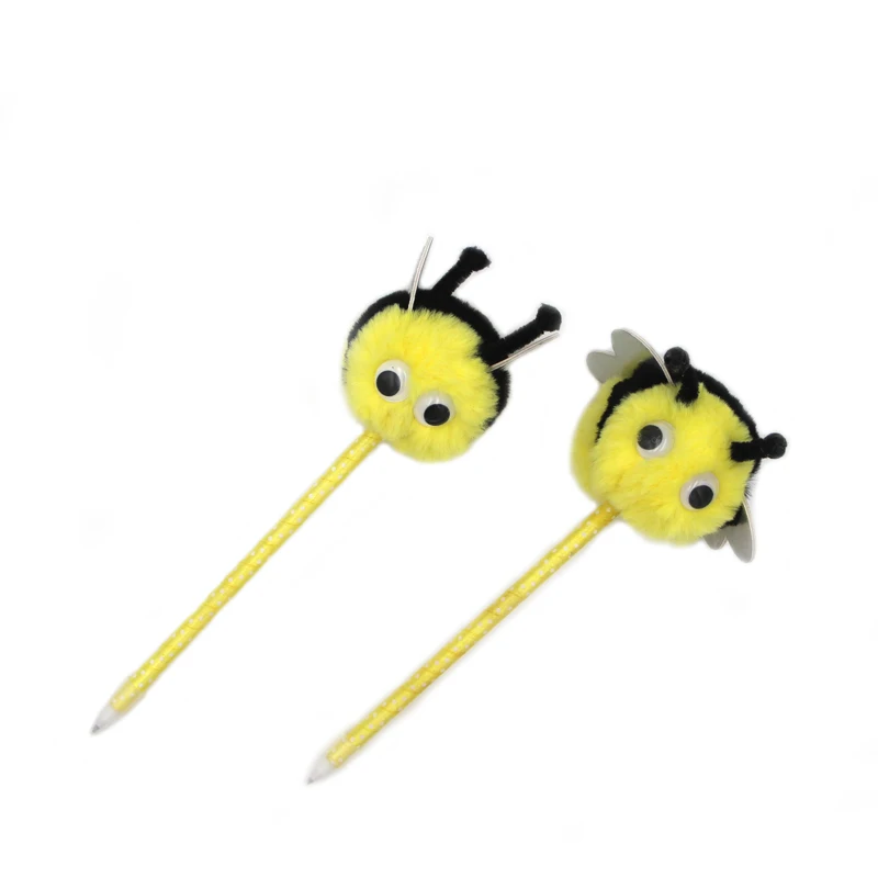 
novelty funny yellow honey bee shape pom pom ball pen for kids lovely cartoon honeybee fuzzy pen 