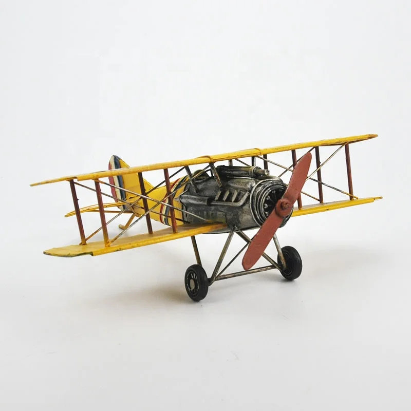Handmade Metal Child Aircraft Toy Retro Biplane Propeller Fixed Wing Fighter Model Airplane Creative Home Decorations Kid Gift