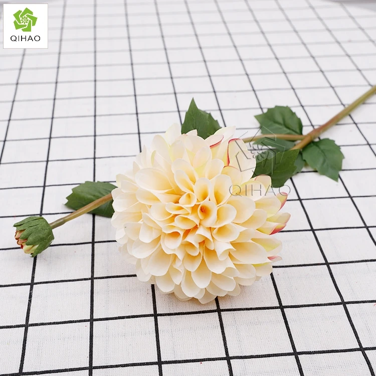 Decorative 2 Heads Silk Pompon Dahlias Pinnata Artificial Dahlia Yellow Chrysanthemum Flowers for Sale