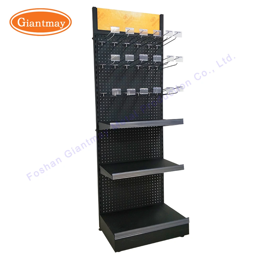 Metal Retail Store Products Floor Display Shelves Stand With Shop Hooks Racks