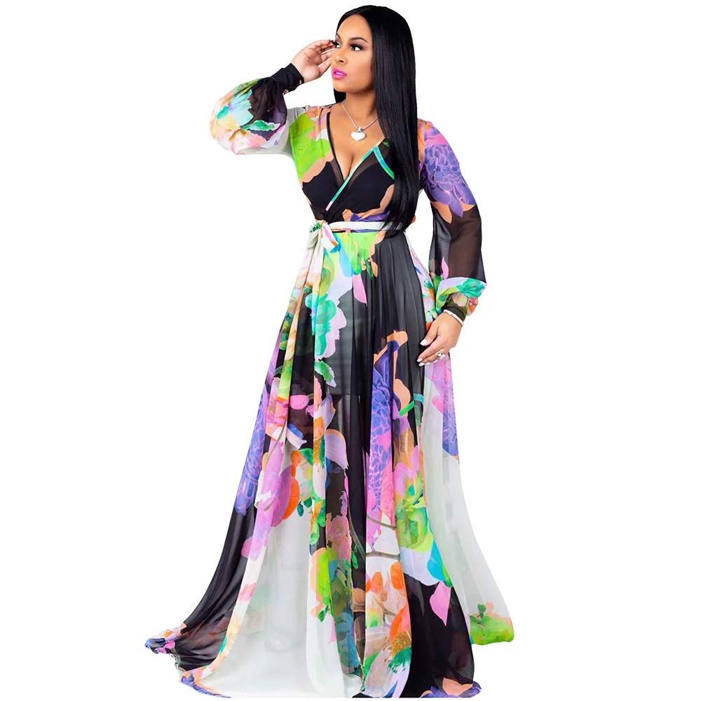 Women clothing stylish chiffon v-neck floral printed maxi plus size dress with waist belt