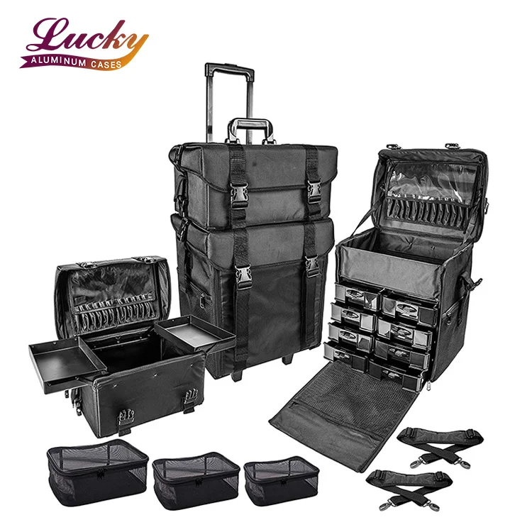 Professional Beauty Salon Box Hairstyle Cosmetic Case 2 in 1 makeup nylon trolley case with Wheels Black
