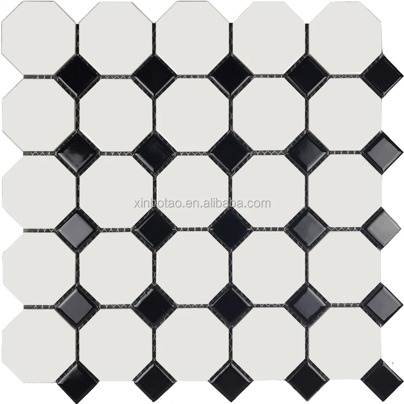 
Geometric black and white bathroom ceramic mosaic octagonal floor tile on sale 
