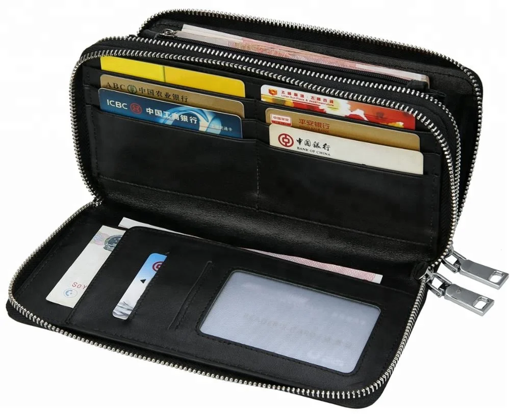 carbon leather credit card holder organizer money purse zip long Wallets