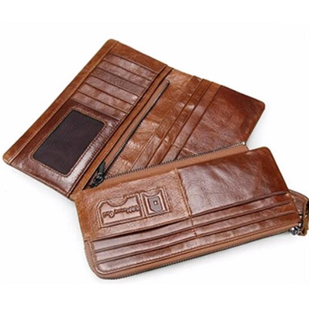 dark brown oil wax leather men security wallet with SD card holder