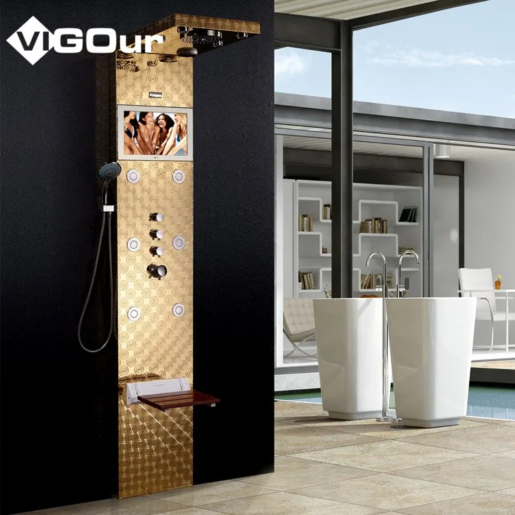Ceramic Cores Valve Massage Jets Waterfall Bathroom Mixer gold Painted ss Shower Panel
