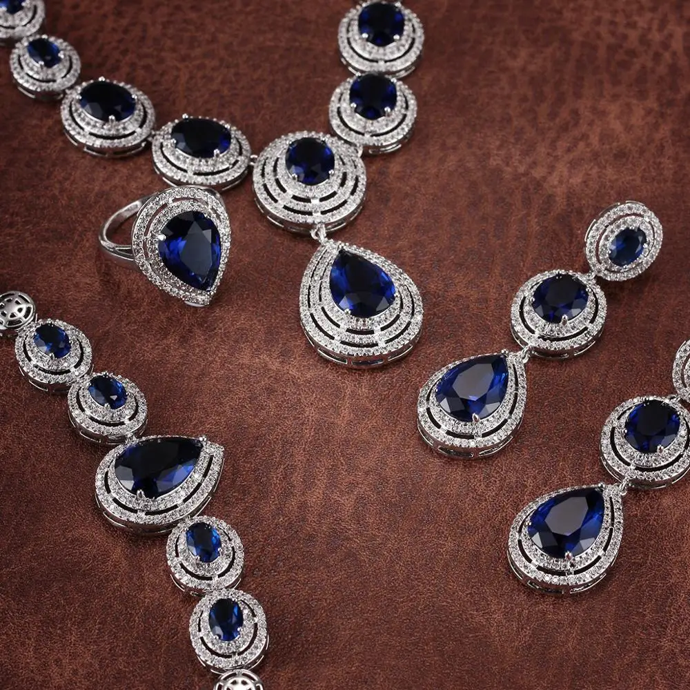 Luxury Blue Sapphire CZ Necklace Earrings Jewelry Set Women Bridal Blue Oval Cubic Zirconia Jewellery Set
