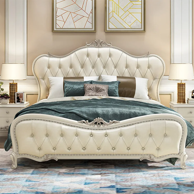 hot sale Neoclassic white leather high quality royal designer double bed design