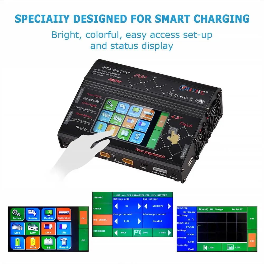 HTRC HT206 AC/DC DUO RC Toy Lipo Battery Balance Charger 400W 40A Dual Port LCD Touch Screen for Lilon/LiPo/LiFe/LiHV Battery