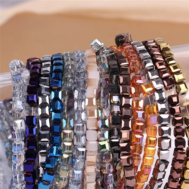 4/6/8mm Faceted Cut Crystal Glass Beads Square electroplating color Beads For Jewelry Making