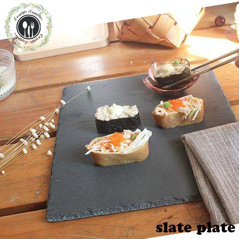 large rectangle square black natural slate table servingplace mats placemats tray steak dinner plate