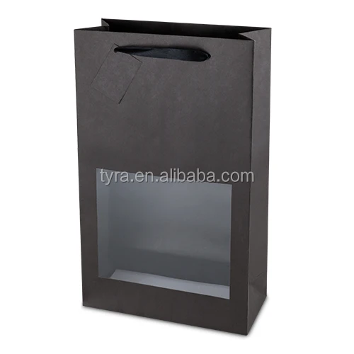 custom logo printed Fashion Eco-friendly Black Gift Shopping Kraft Paper Bags With window