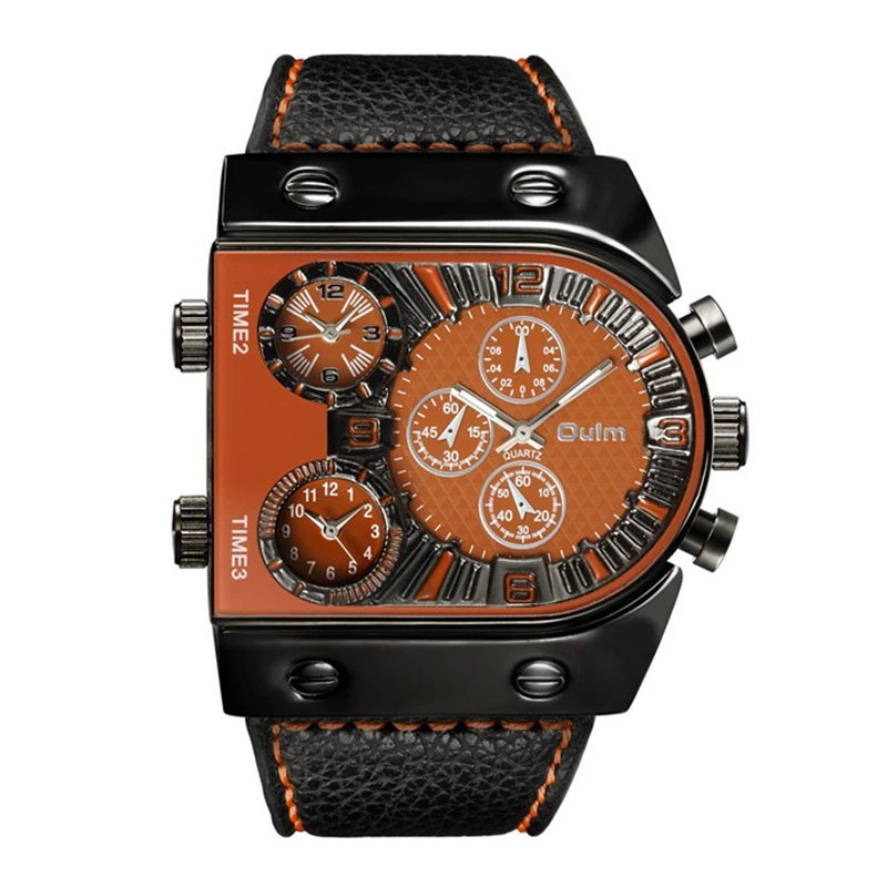 OULM Brand Original Unique Design Square Men Wristwatch Wide Big Dial Casual Leather Strap Quartz Watch