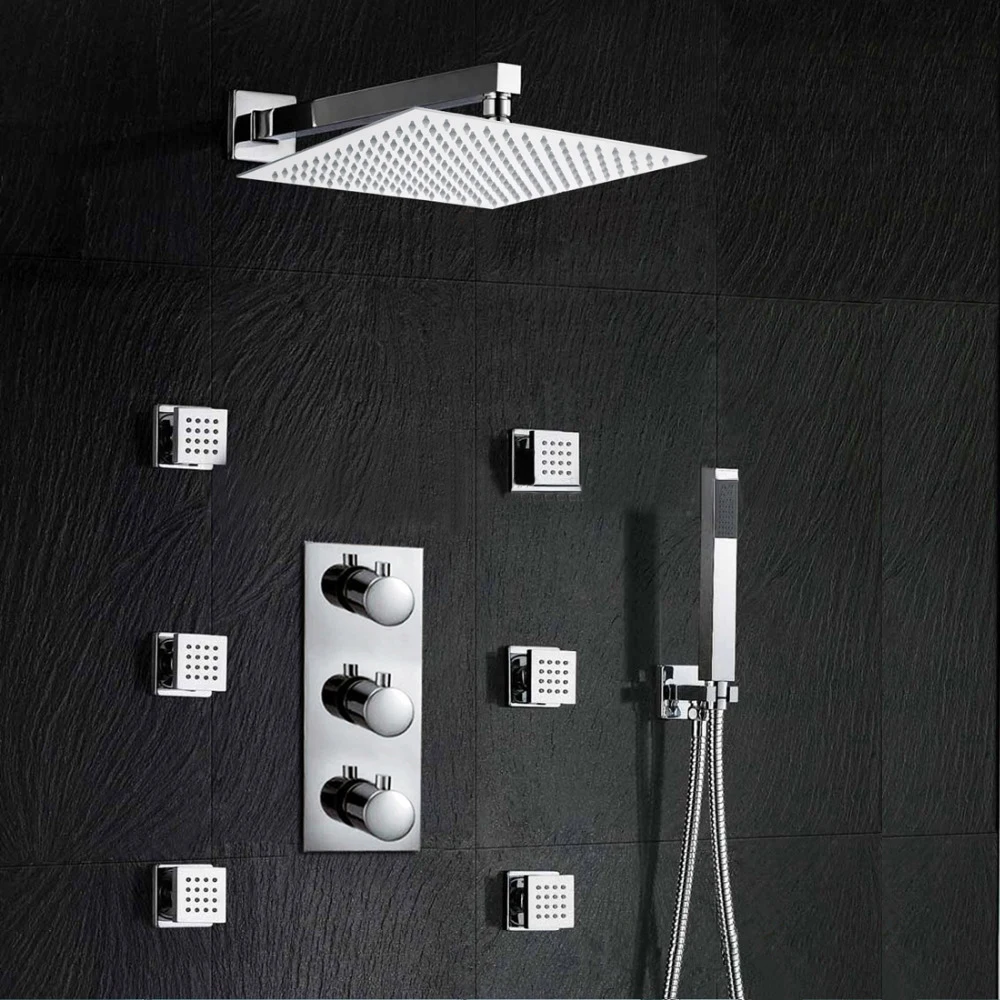 
6 body jets Square Thermostatic Shower Set with head shower and hand shower 