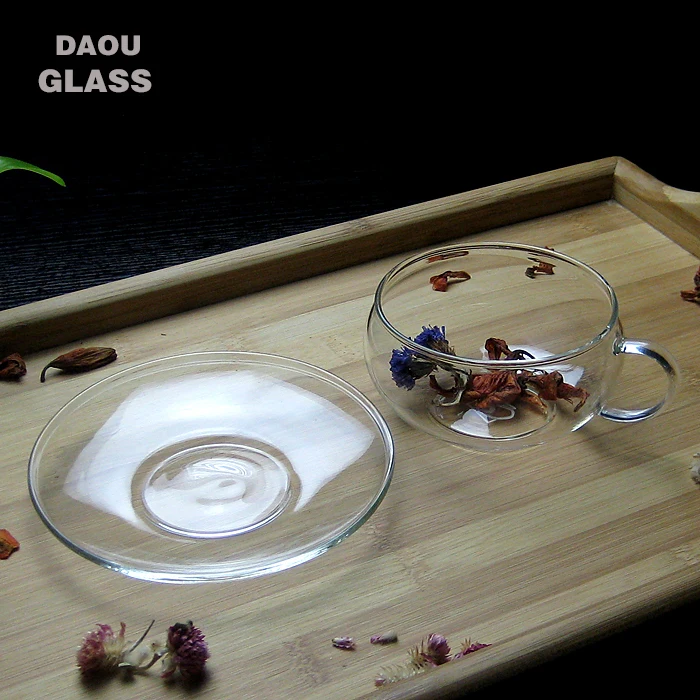 
heat resistant pyrex glass tea cups & saucers ,logo coffee cups set 