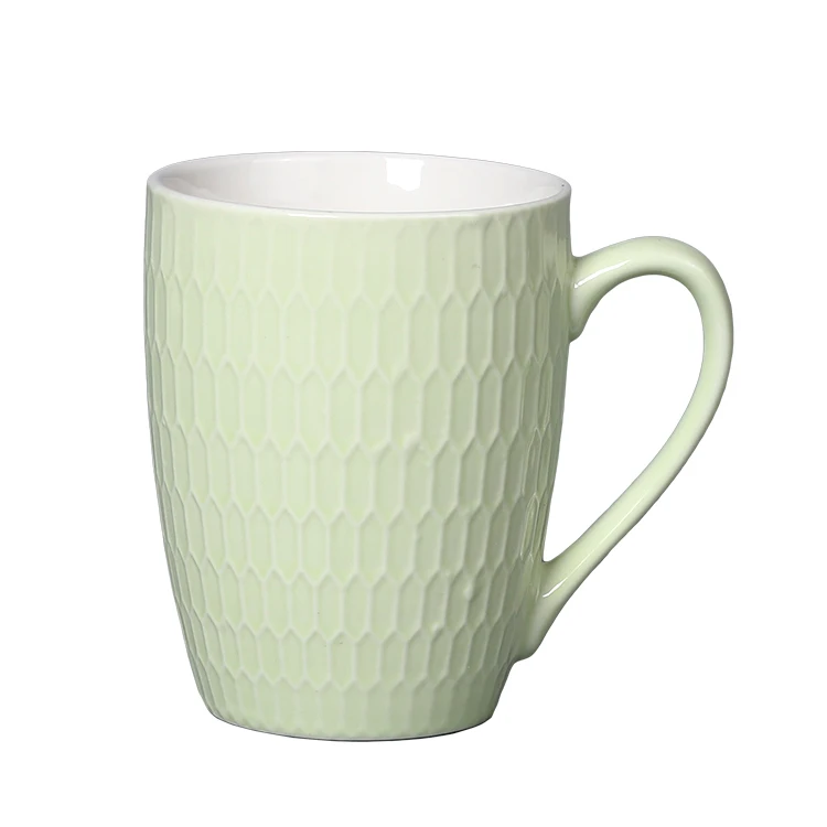 320ml Custom Decorative Green Blue Ceramic Embossed Mugs